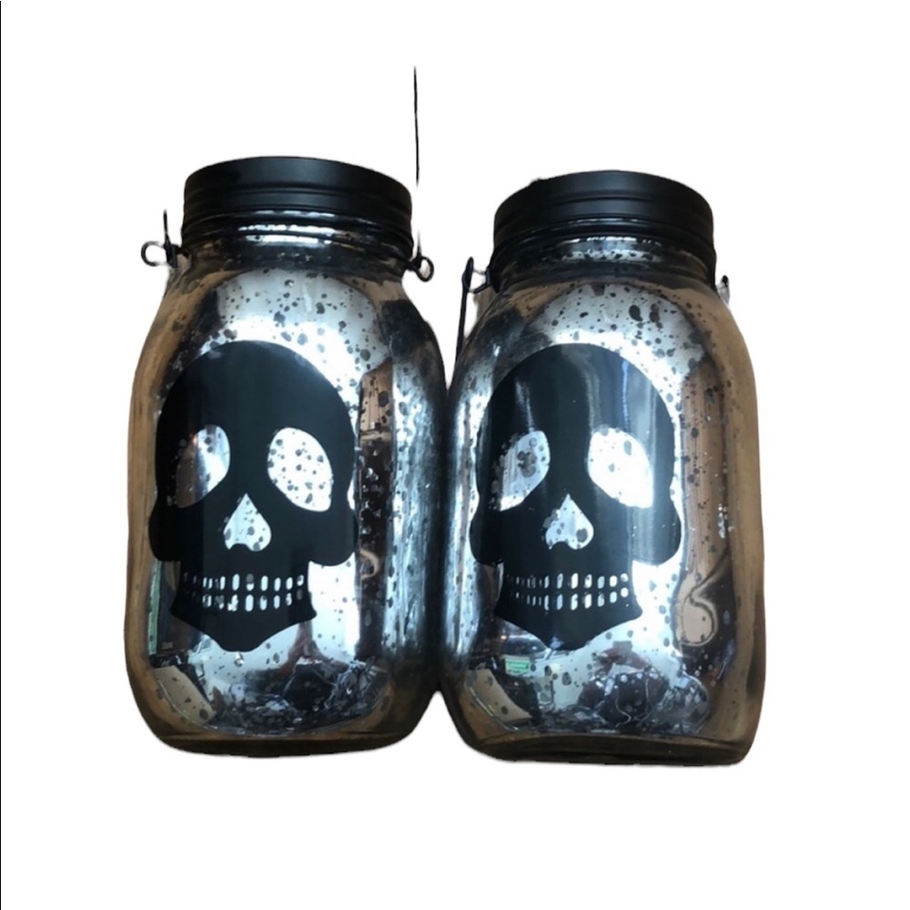 Skull Mercury Glass Mason Jar Lanterns Set of 2 Halloween Decor Silver Black